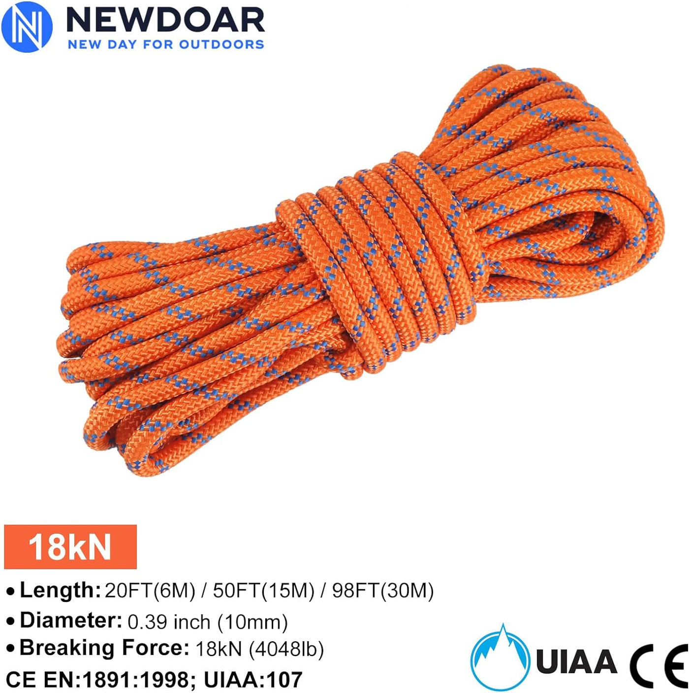 CE UIAA Static Climbing Rope 10Mm Accessory Cord Rope, for Arborist Tree, Mountaineering, Sailboat Rope,Dock Lines,Hauling Dragginge(Orange 10Mm,20Ft)