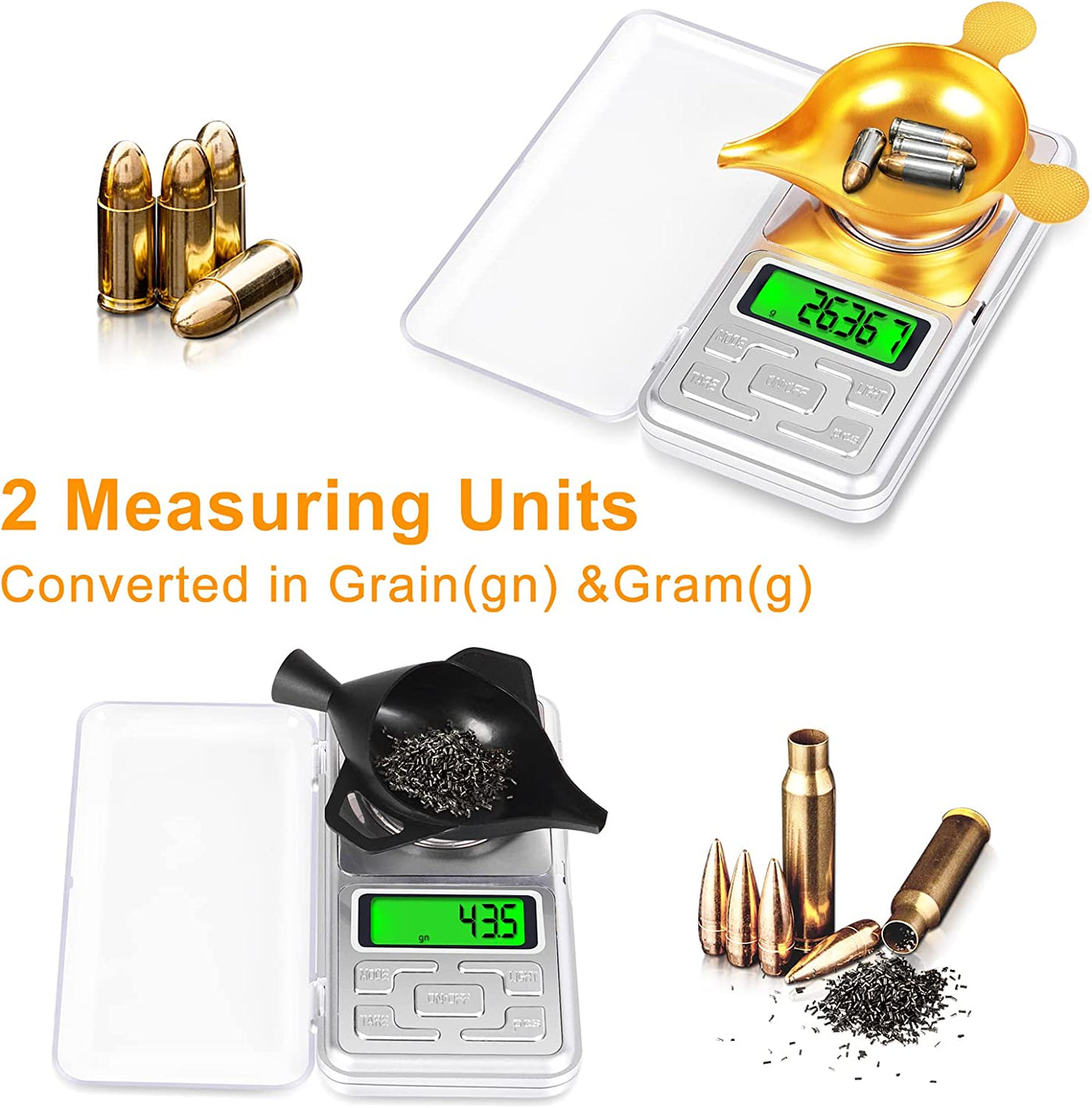 Digital Reloading Scale 1500Gn, 0.1Gn/0.005G High Precision Scale, 7 in 1 Kit with LCD Display, Tare, Grain Powder Scale for Reloading