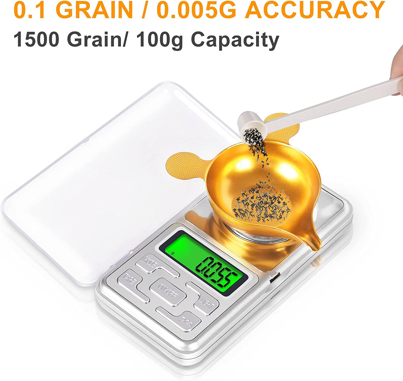 Digital Reloading Scale 1500Gn, 0.1Gn/0.005G High Precision Scale, 7 in 1 Kit with LCD Display, Tare, Grain Powder Scale for Reloading