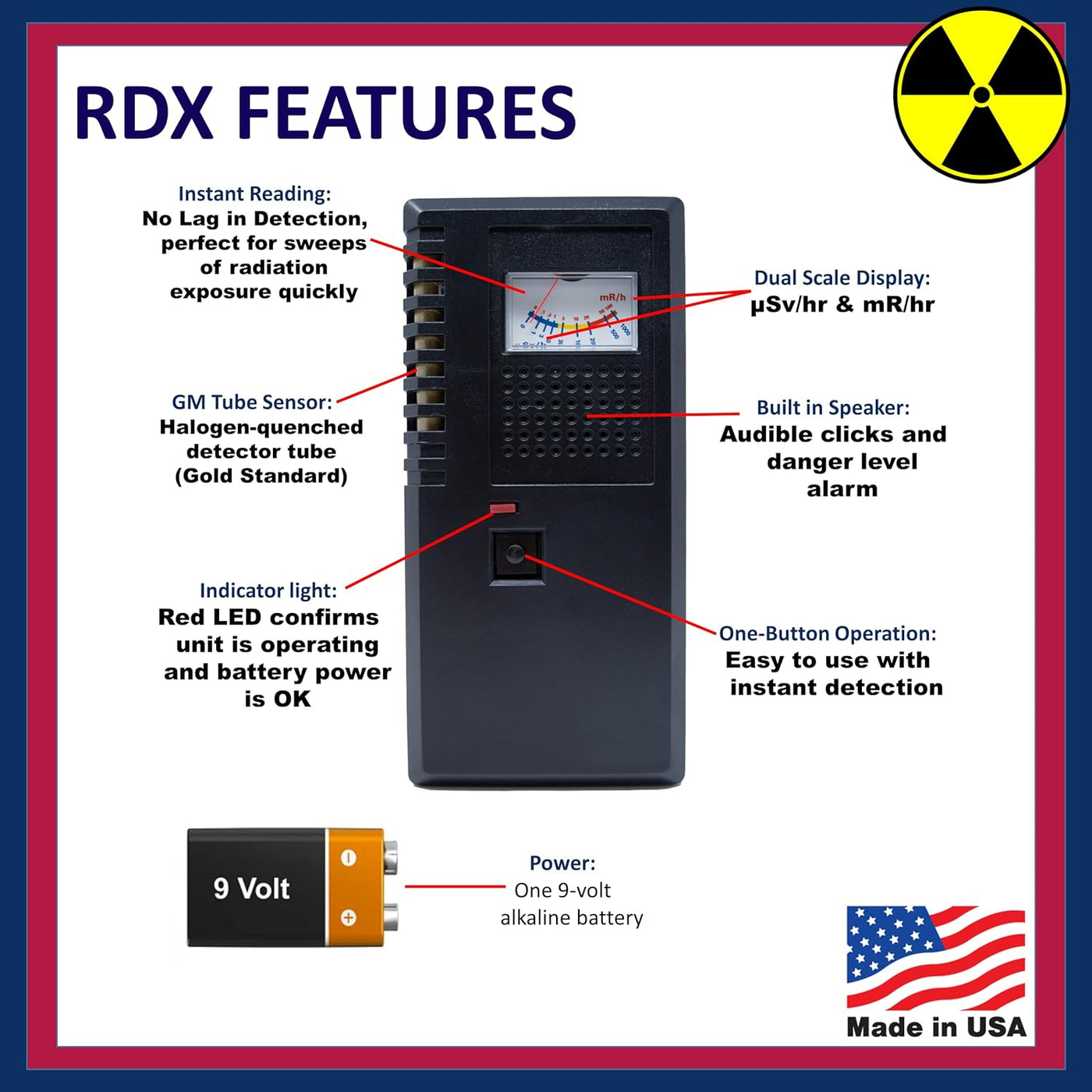 RDX-2 High-Range Handheld Radiation Monitor & Detector | Geiger Muller Tube Detects Gamma, Beta, and X-Ray Radiation | Range: 0-1000 Μsv/Hr and 0-100 Mr/Hr | Not Affected by EMP | Instant Reading