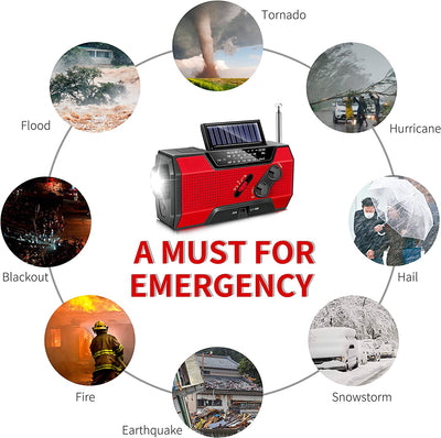 Emergency Radio, Solar Hand Crank AM/FM/NOAA Weather Radio for Household and Outdoor Emergency, with LED Flashlight, Reading Lamp, 2000Mah Power Bank USB Charger and SOS Alarm Red