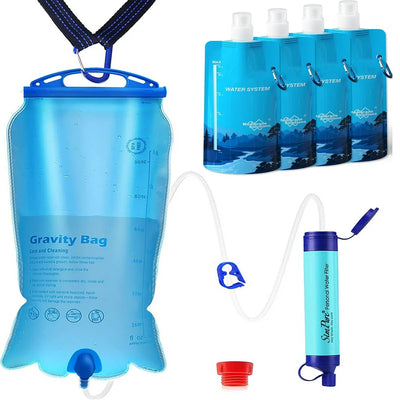 Filter Kit, 6L Gravity Water Filter W/ Virus Tested Survival Straw W/ 4 Set 23Oz Collapsible Water Bottles - 3 Stage Filtration for Camping