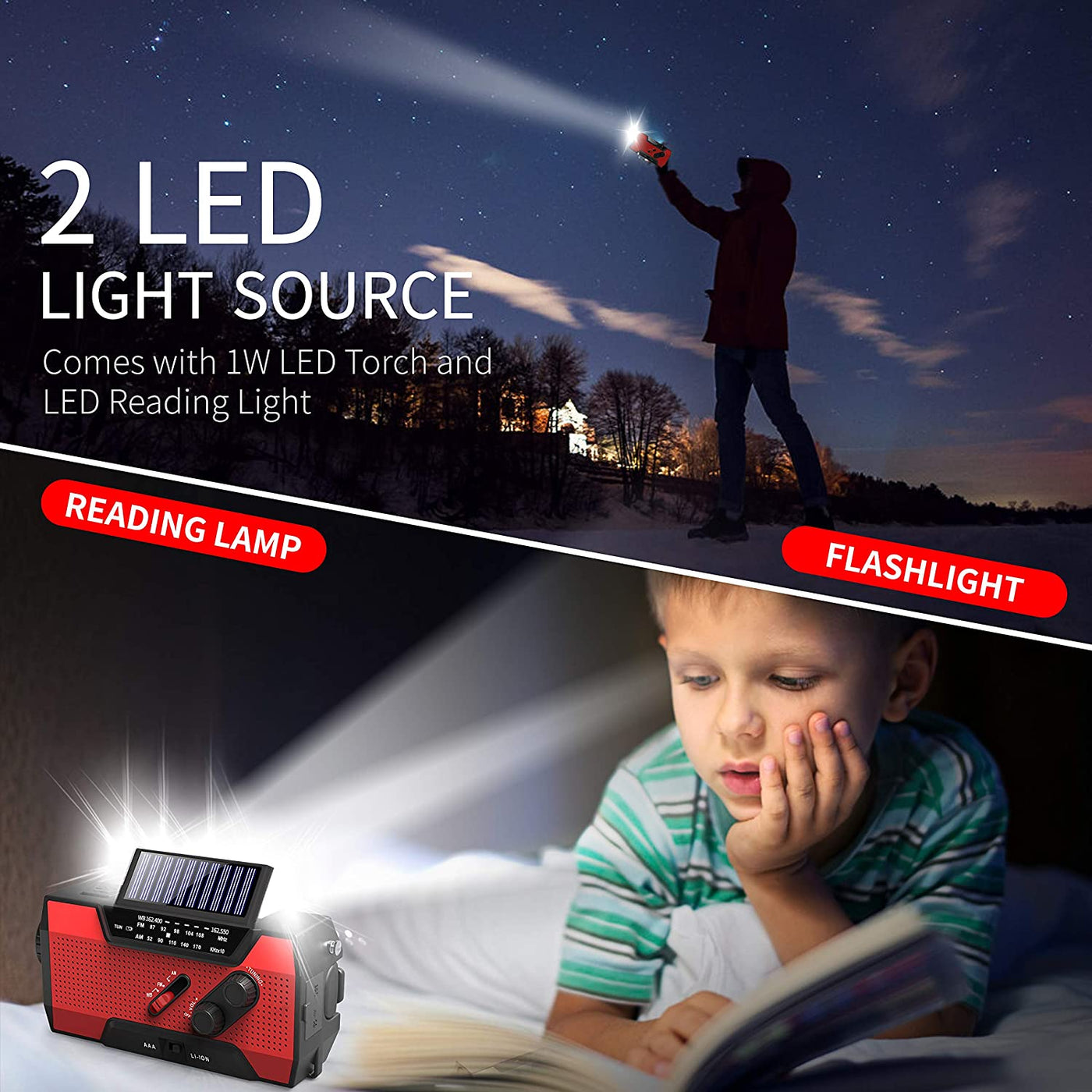 Emergency Radio, Solar Hand Crank AM/FM/NOAA Weather Radio for Household and Outdoor Emergency, with LED Flashlight, Reading Lamp, 2000Mah Power Bank USB Charger and SOS Alarm Red