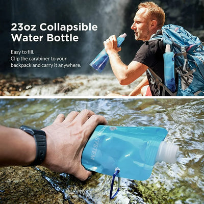 Filter Kit, 6L Gravity Water Filter W/ Virus Tested Survival Straw W/ 4 Set 23Oz Collapsible Water Bottles - 3 Stage Filtration for Camping