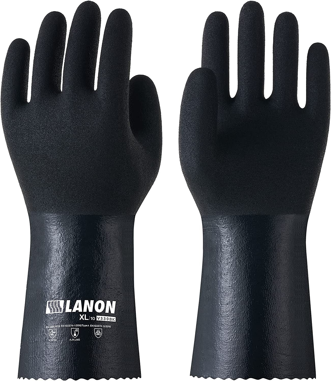 LANON Nitrile Chemical Resistant Gloves, Reusable Heavy-Duty Rubber Gloves with Microfoam Textured Palm, Acid, Alkali and Oil Protection, Black, XXL