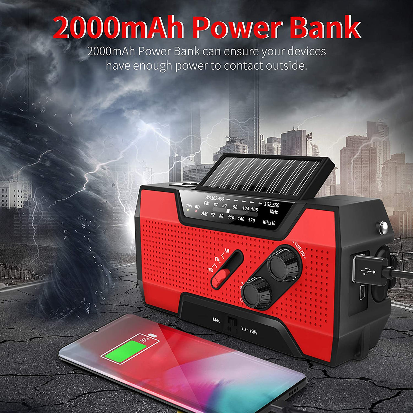 Emergency Radio, Solar Hand Crank AM/FM/NOAA Weather Radio for Household and Outdoor Emergency, with LED Flashlight, Reading Lamp, 2000Mah Power Bank USB Charger and SOS Alarm Red