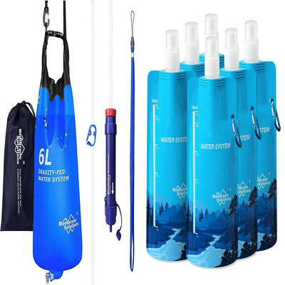 Filter Kit, 6L Gravity Water Filter W/ Virus Tested Survival Straw W/ 4 Set 23Oz Collapsible Water Bottles - 3 Stage Filtration for Camping