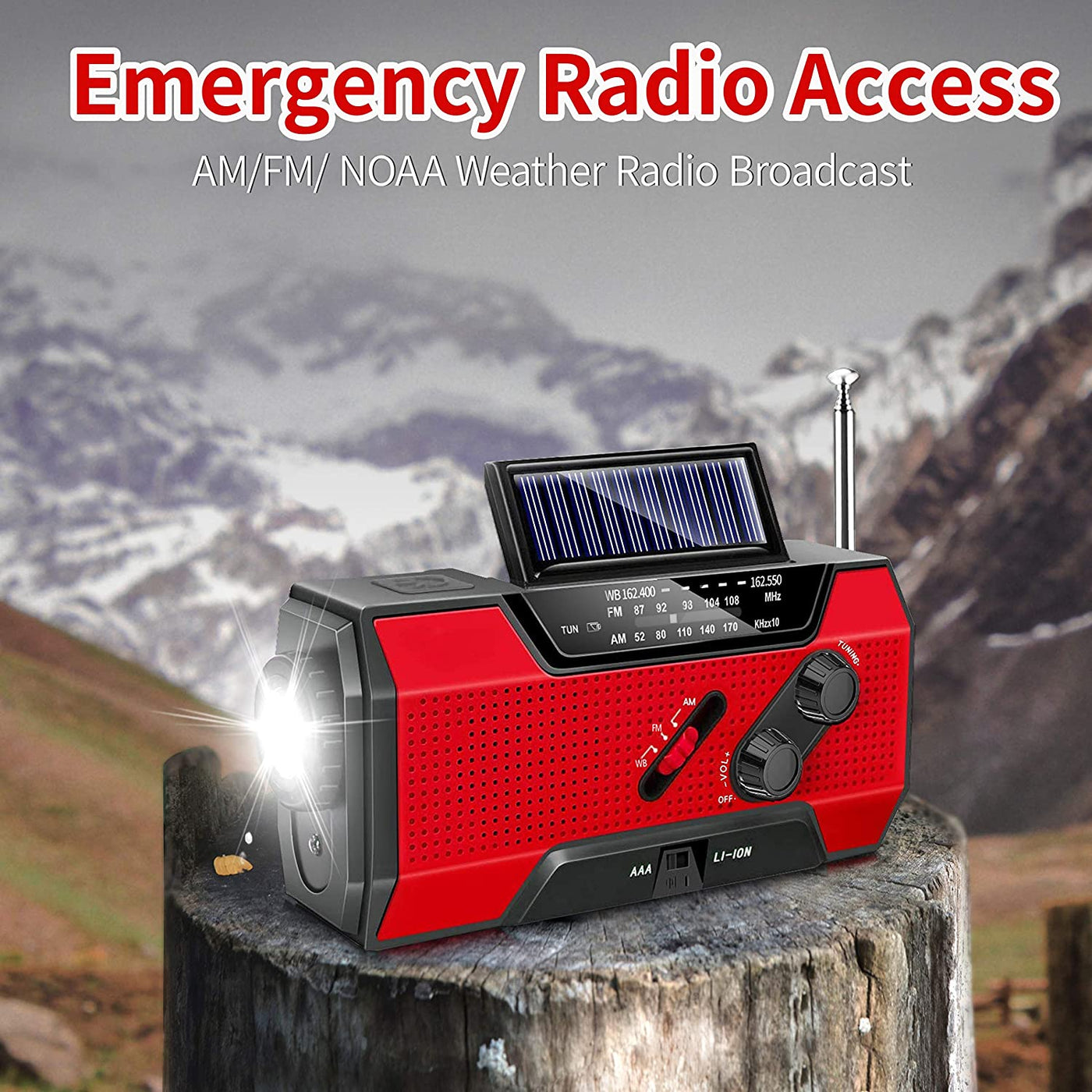 Emergency Radio, Solar Hand Crank AM/FM/NOAA Weather Radio for Household and Outdoor Emergency, with LED Flashlight, Reading Lamp, 2000Mah Power Bank USB Charger and SOS Alarm Red