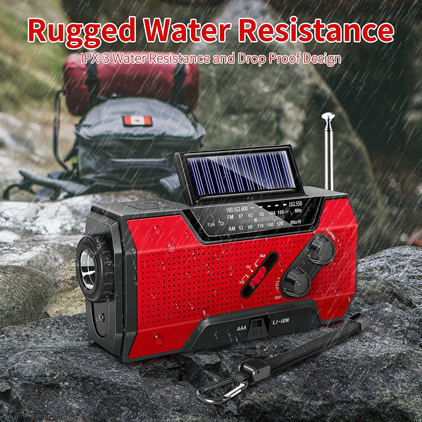 Emergency Radio, Solar Hand Crank AM/FM/NOAA Weather Radio for Household and Outdoor Emergency, with LED Flashlight, Reading Lamp, 2000Mah Power Bank USB Charger and SOS Alarm Red