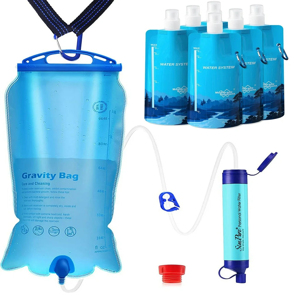 Filter Kit, 6L Gravity Water Filter W/ Virus Tested Survival Straw W/ 4 Set 23Oz Collapsible Water Bottles - 3 Stage Filtration for Camping