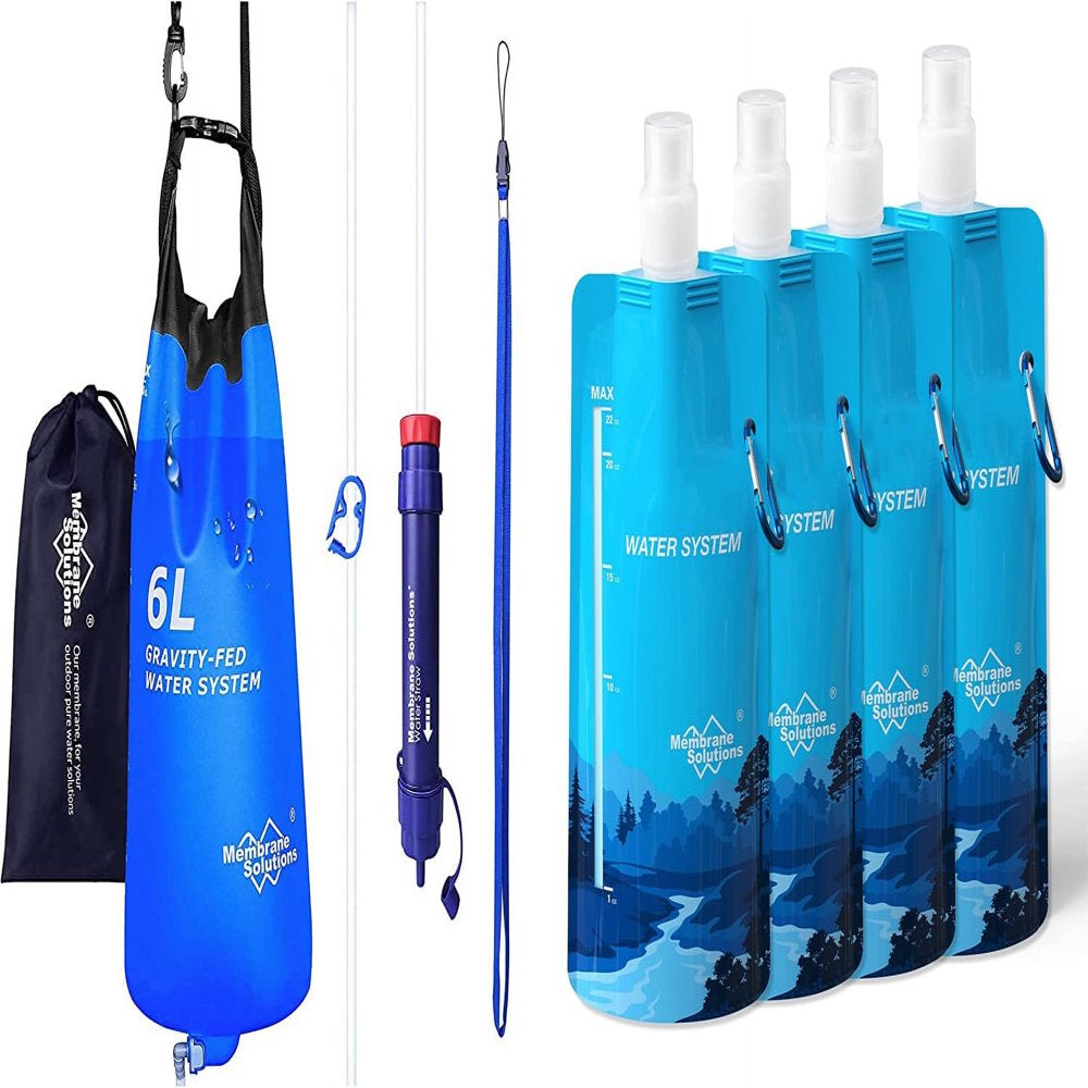 Filter Kit, 6L Gravity Water Filter W/ Virus Tested Survival Straw W/ 4 Set 23Oz Collapsible Water Bottles - 3 Stage Filtration for Camping