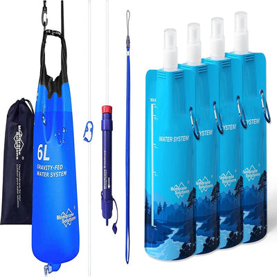 Filter Kit, 6L Gravity Water Filter W/ Virus Tested Survival Straw W/ 4 Set 23Oz Collapsible Water Bottles - 3 Stage Filtration for Camping